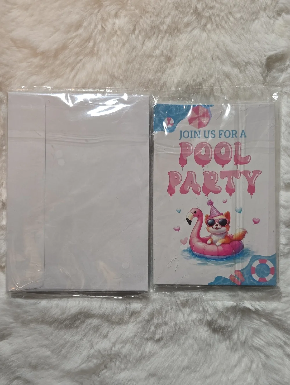 Pool Party 30 Cards & 30 Envelope Invitations Pink Flamingo Float & A Cat Summer